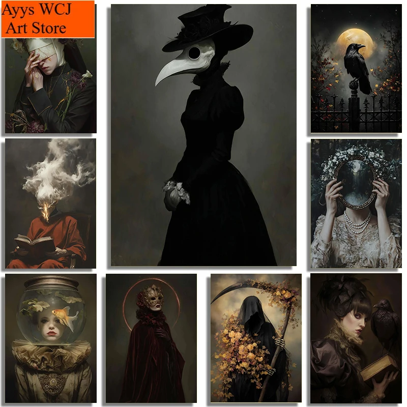 1pc Frameless Canvas Painting Dark Terror Retro Victorian Style Death Reaper Crow Vampire Ghost Portrait Poster Canvas Print Liv