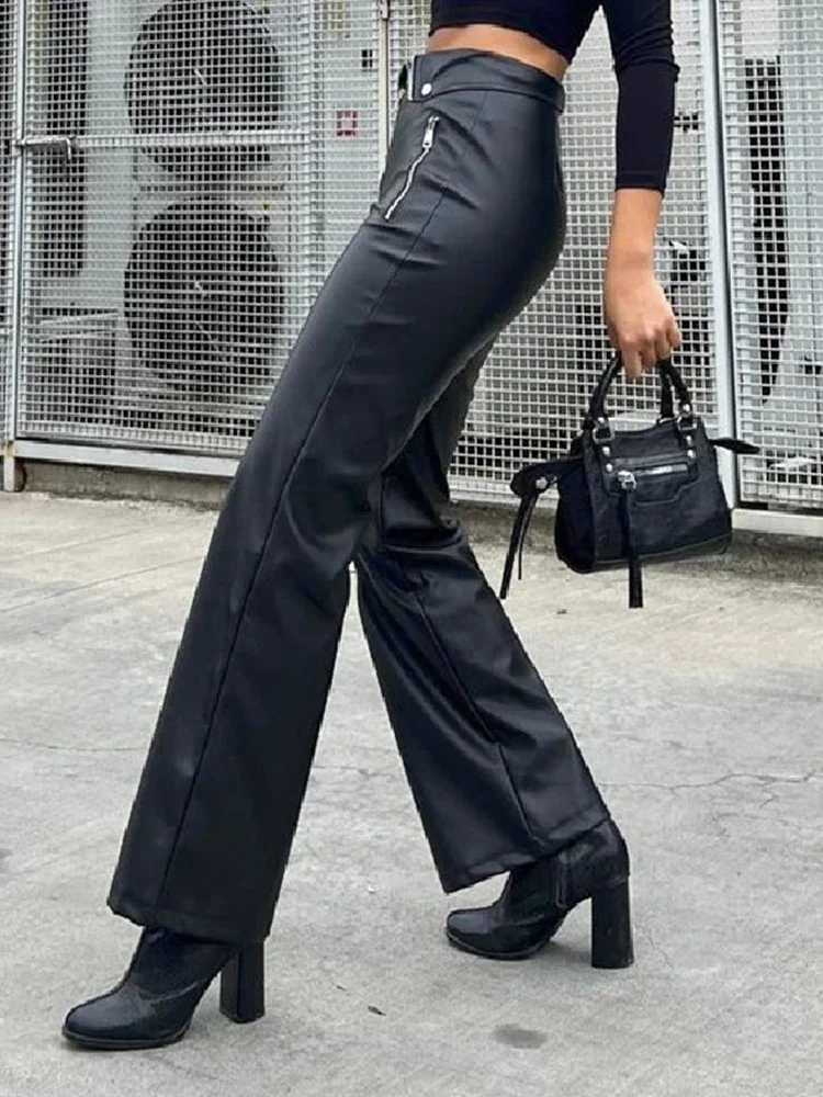 Sexy Pants Leather Trourser Zip Up High Waist Straight Leg Pants Women Slim Bottoms 2024 Y2K  Autumn Spring Chic Black Pant