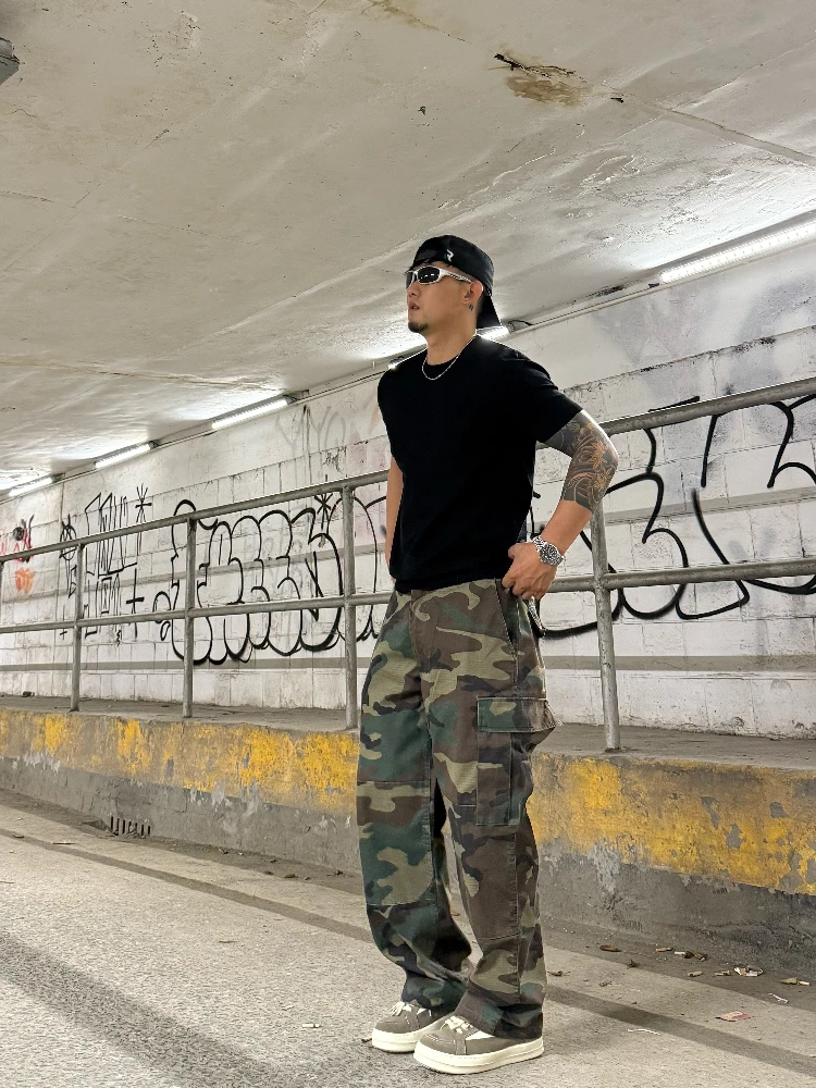 American Vintage Military Camouflage Loose Work Pants Waed ket Long Trousers Retro Military Trendy Youth Casual Pants