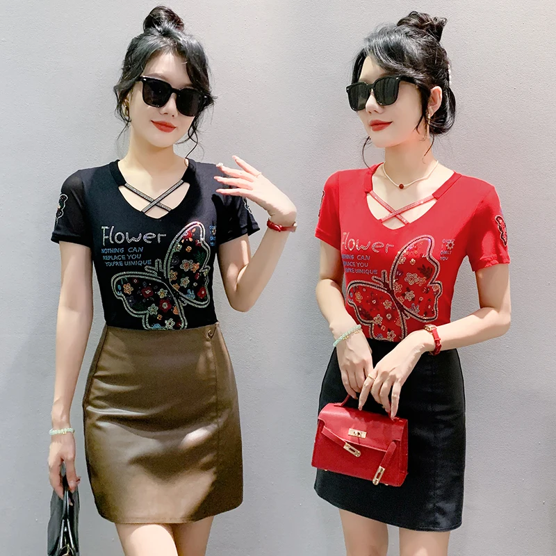 New Summer Short Sleeved V-Neck Women\'s T-Shirt Elegant Slim Hot Diamond Mesh Tees Tops M-3XL Clothes