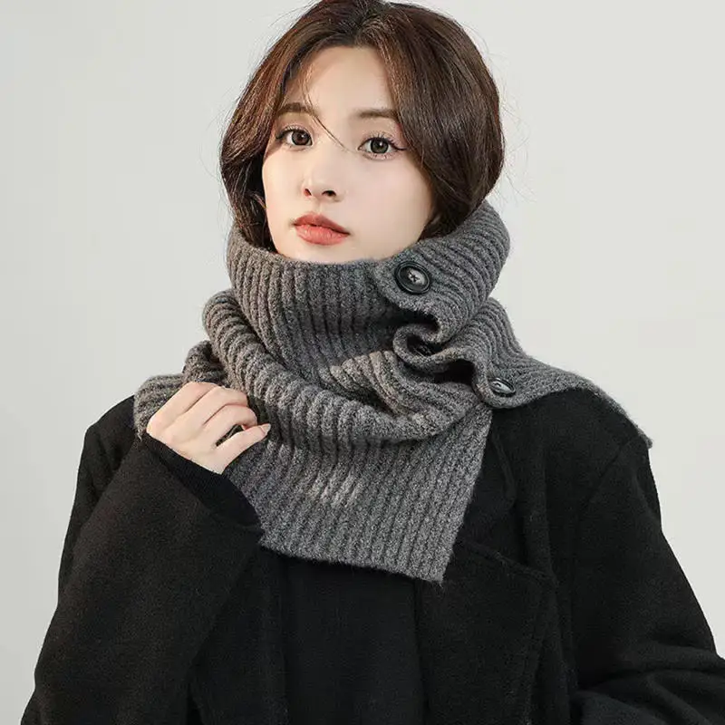 Knitted Fake Collar Scarf Women Warm Turtleneck Neck Warmer Detachable Winter Windproof Scarf Vintage Knitted Yarn Button Fork