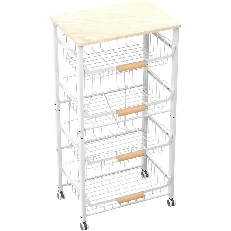 5-Layer Fruit Basket Kitchen Food Storage Organizer and Storage Rack, Stackable Storage cart with Desktop, Pull-Out Hollow