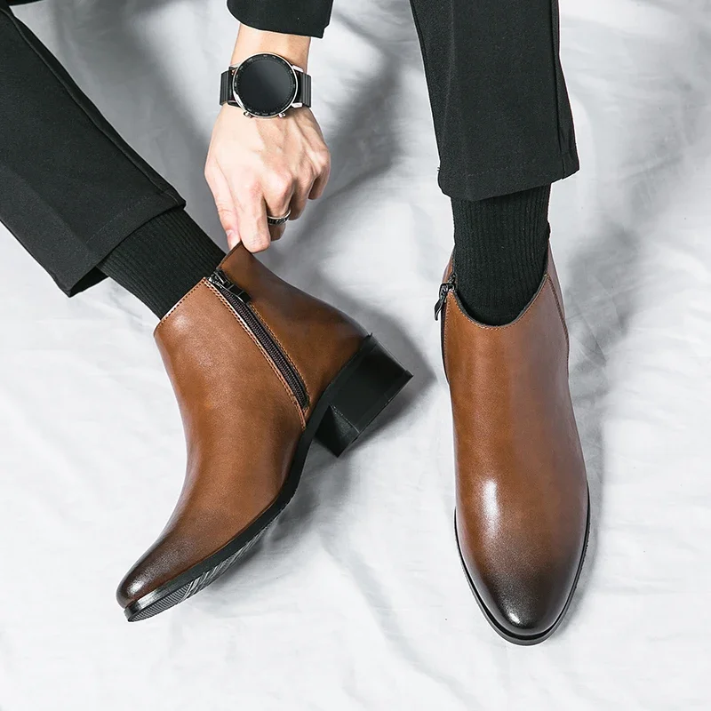 Klassische schwarze Leder-Stiefeletten für Herren und Damen im britischen Stil, Chelsea-Stiefel mit spitzer Zehenpartie, bequeme High-Top-Schuhe – Detail 21