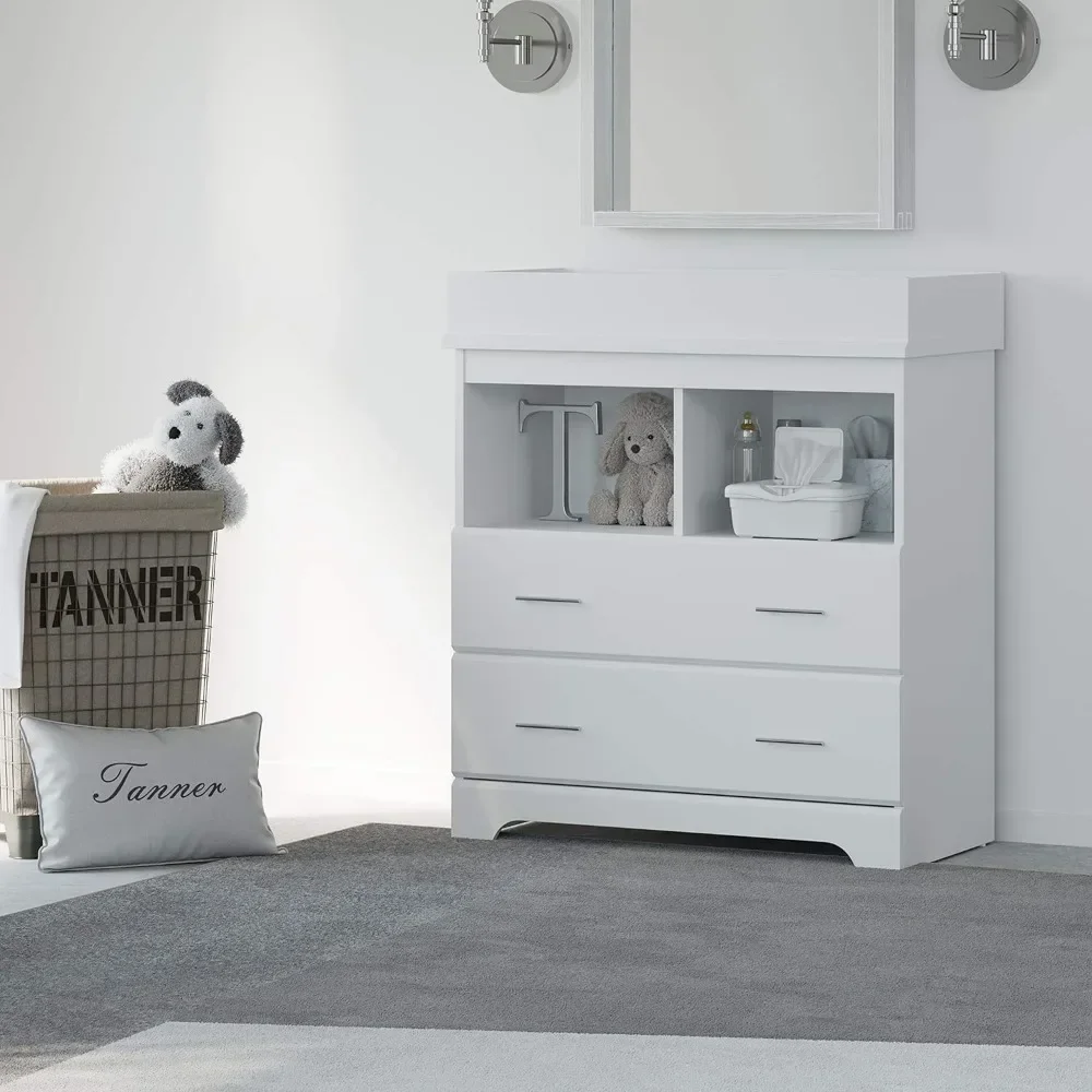 2 Drawer Changing Table Dresser (White) – for Nursery with Table Topper, Chest of Drawers for Bedroom, Universal Design