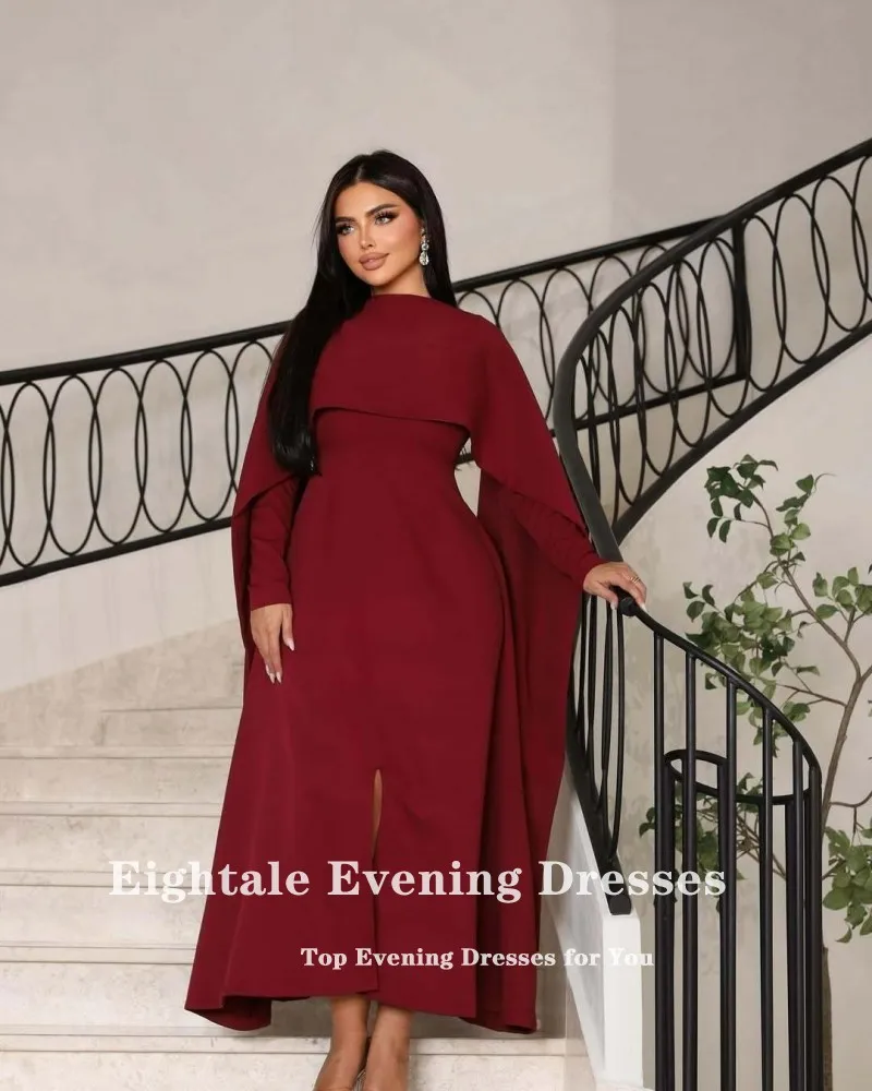 Eightale Arabisches Abendkleid für Hochzeit, Party, lange Ärmel, O-Ausschnitt, Burgunderrot, dehnbar, Meerjungfrau, individuelles Abendkleid