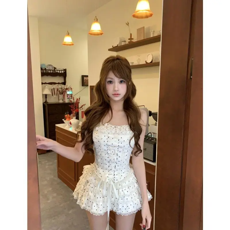 Francuski styl Koronkowy gorset z kokardą Zestaw damski Wysoka talia Wiązana spódnica Garnitur Lato Y2K Gorset Wiązany w talii Seksowny strój Wysoka jakość