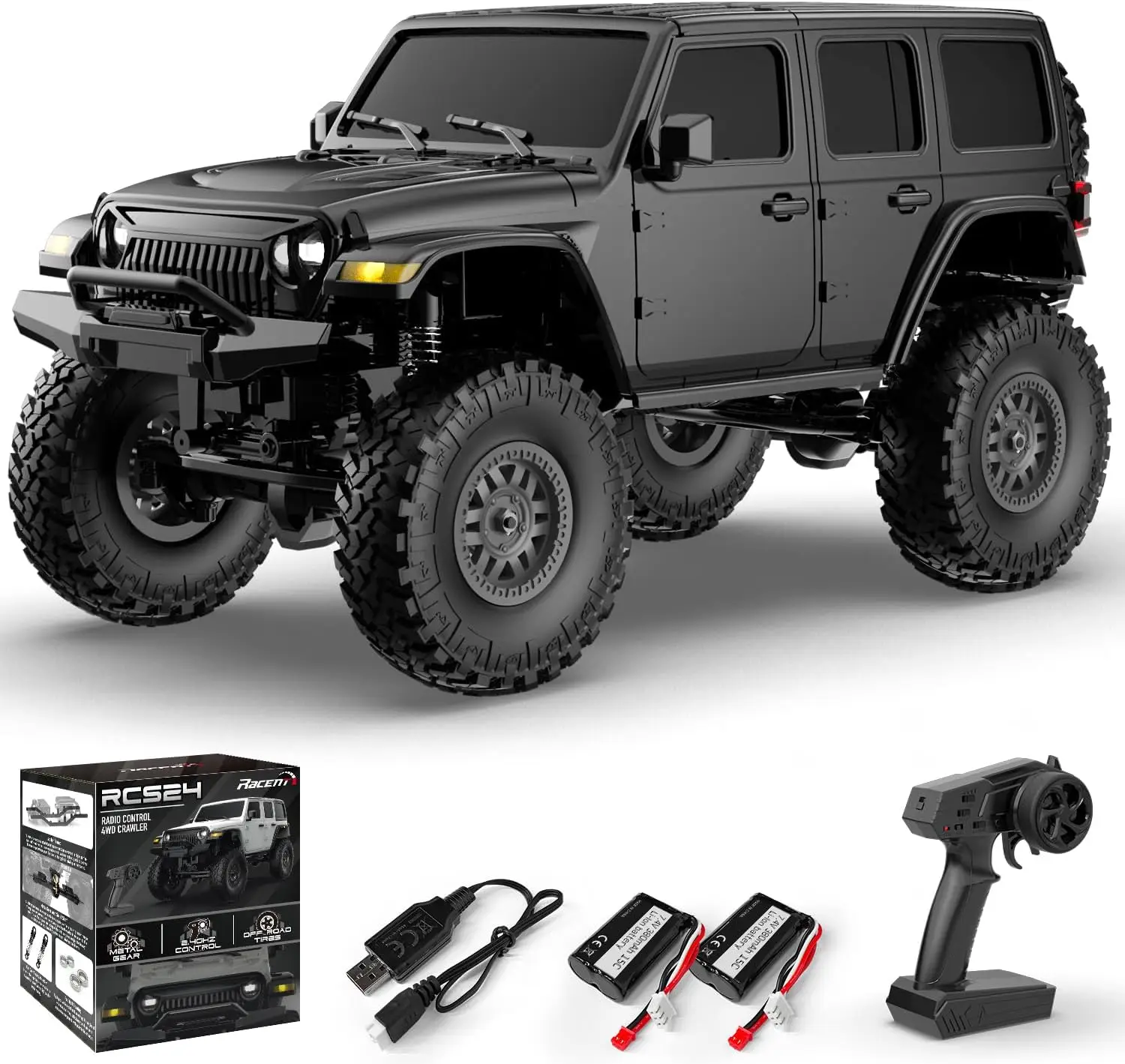 

All Terrain Remote Control Car - 1/24 4x4 Off Road RC Monster Truck Crawler Climbing Vehicle with Bright Headlight, 2 Batteries, Waterproof Hobby Toys RTR Black