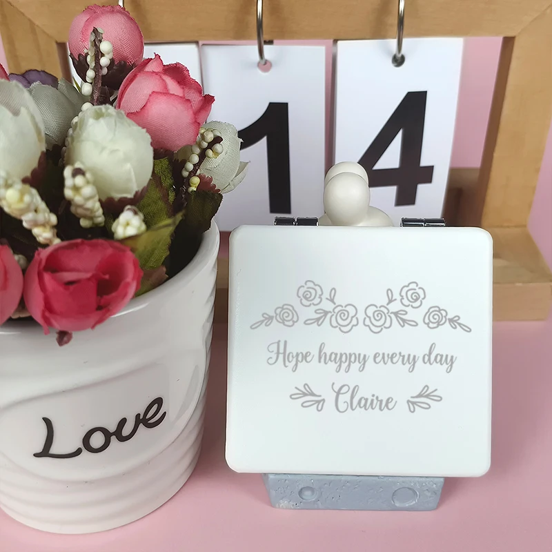 

1pc rose Romantic funny White Laser engraving Custom Name Metal Fold Mirror white Gift for Her