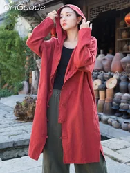 OriGoods Women Hooded Long Coat Ramie Cotton Thick Spring Autumn Coat Chinese Style Loose Robe Witch Wizard Trench Coats B029