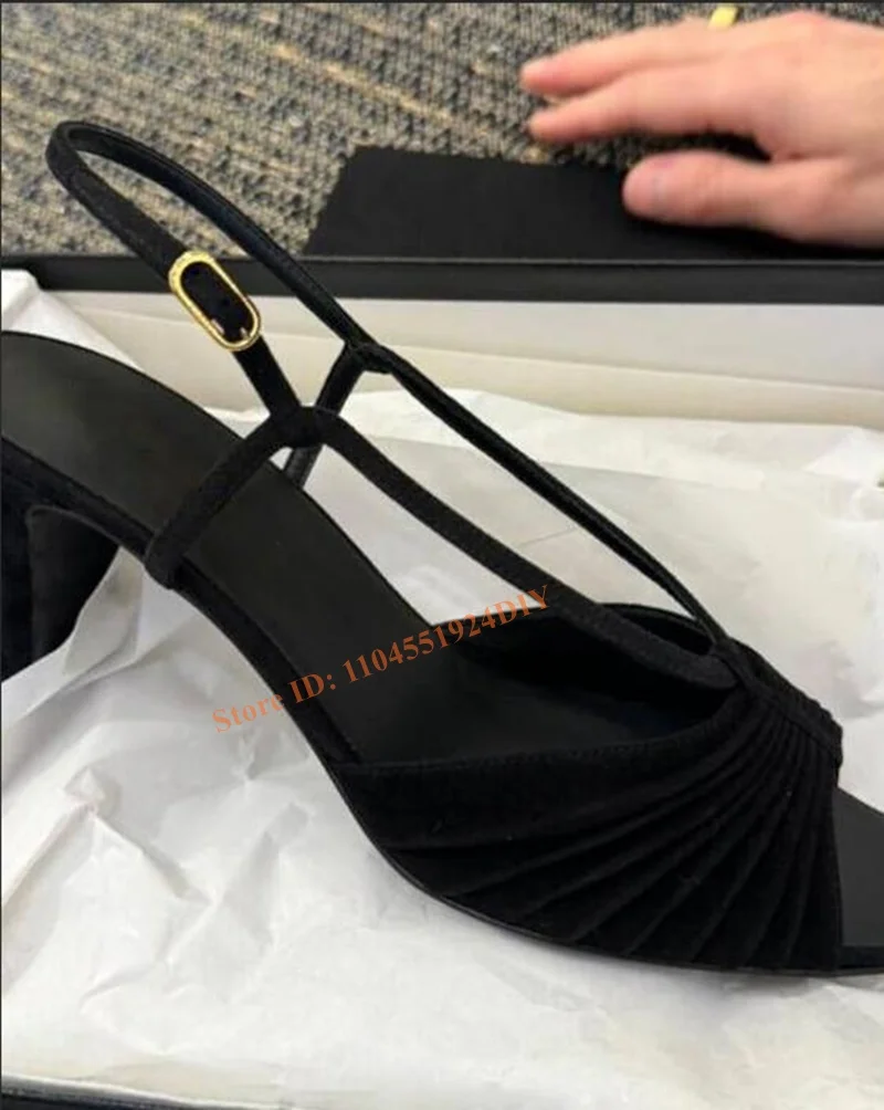 

Black Ruffle High Heel Sandals Block Heeled Wrinkle Buckle Strap Women 4Cm Chunky Heeled Cut Out Summer Party Shoes