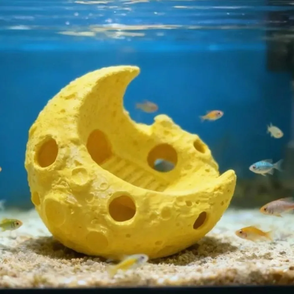 Ornamento em Forma de Lua para Aquário, Impressão 3D, Esconderijo para Peixes, Decoração Submersível para Betta, Guppy, Camarão, Abrigo Seguro.