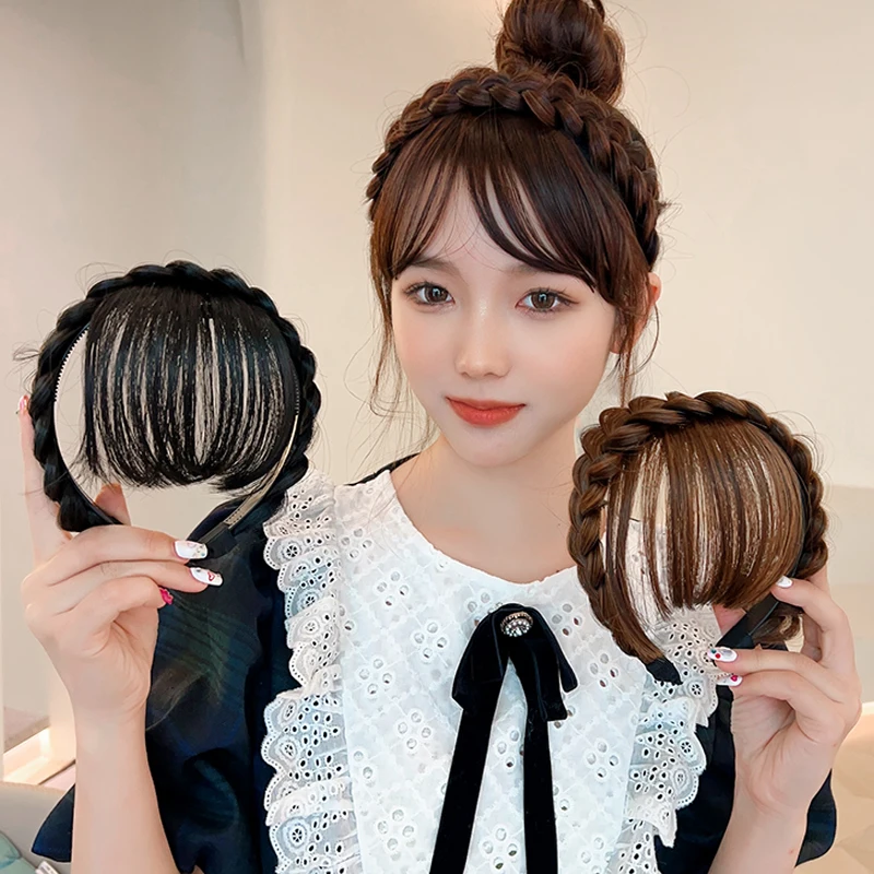 Synthetic Fake Bangs Hair Neat Fringe Bands with Double Row Braids Headband Heat Resistant Bangs In Hair Extensions Hairpieces