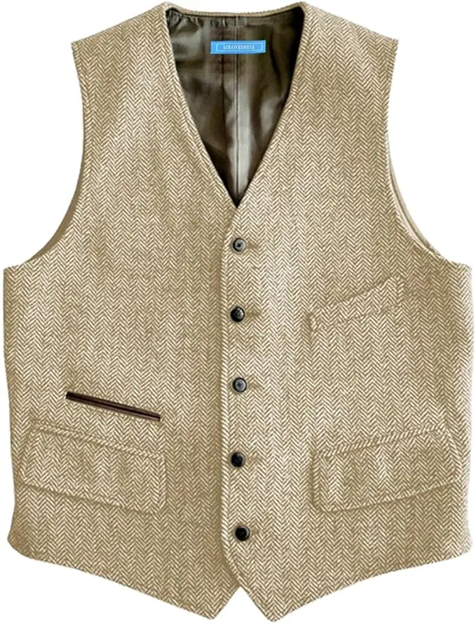 Hommes Gilet Design poches Tweed Gilet rétro col en v chevrons mariage marié Vintage Banquet Gilet hommes Gilet costume