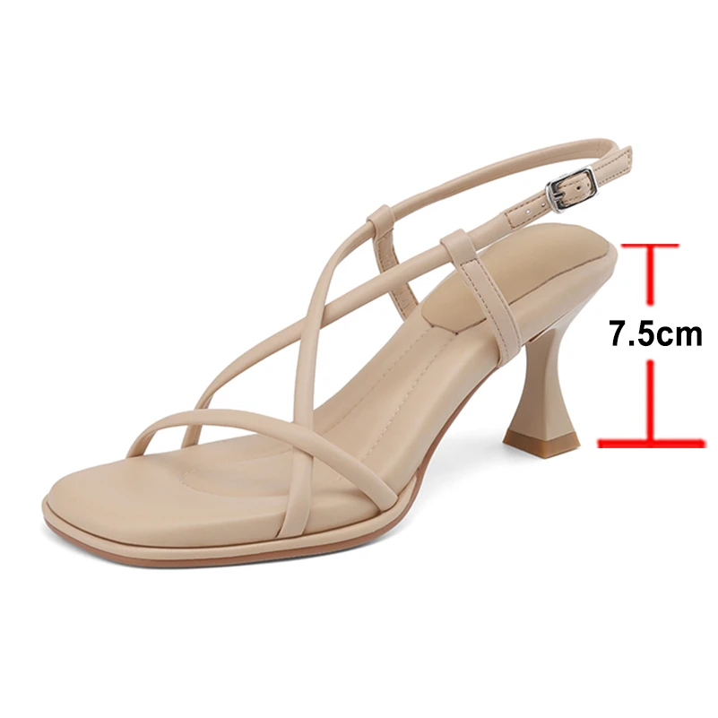 Meotina Women Sandals Square Toe Kitten High Heels Buckle Narrow Band Sexy Design Ladies Fashion Shoes Summer Apricot Black 40