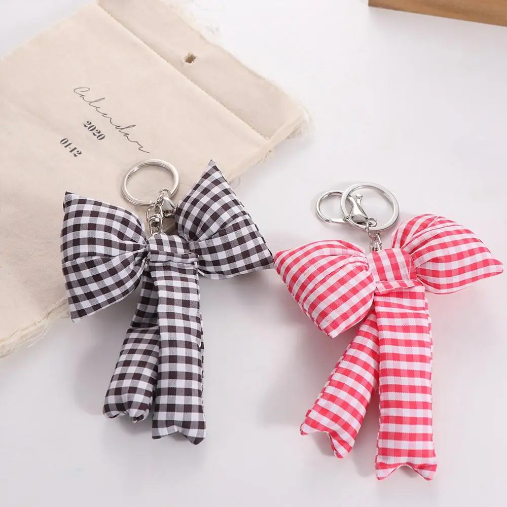 Grid Bow Bag Pendant Cotton Filled Korean Style 3D Bowknot Keychain Backpack Decoration Balletcore Y2k Bag Hanging Girls