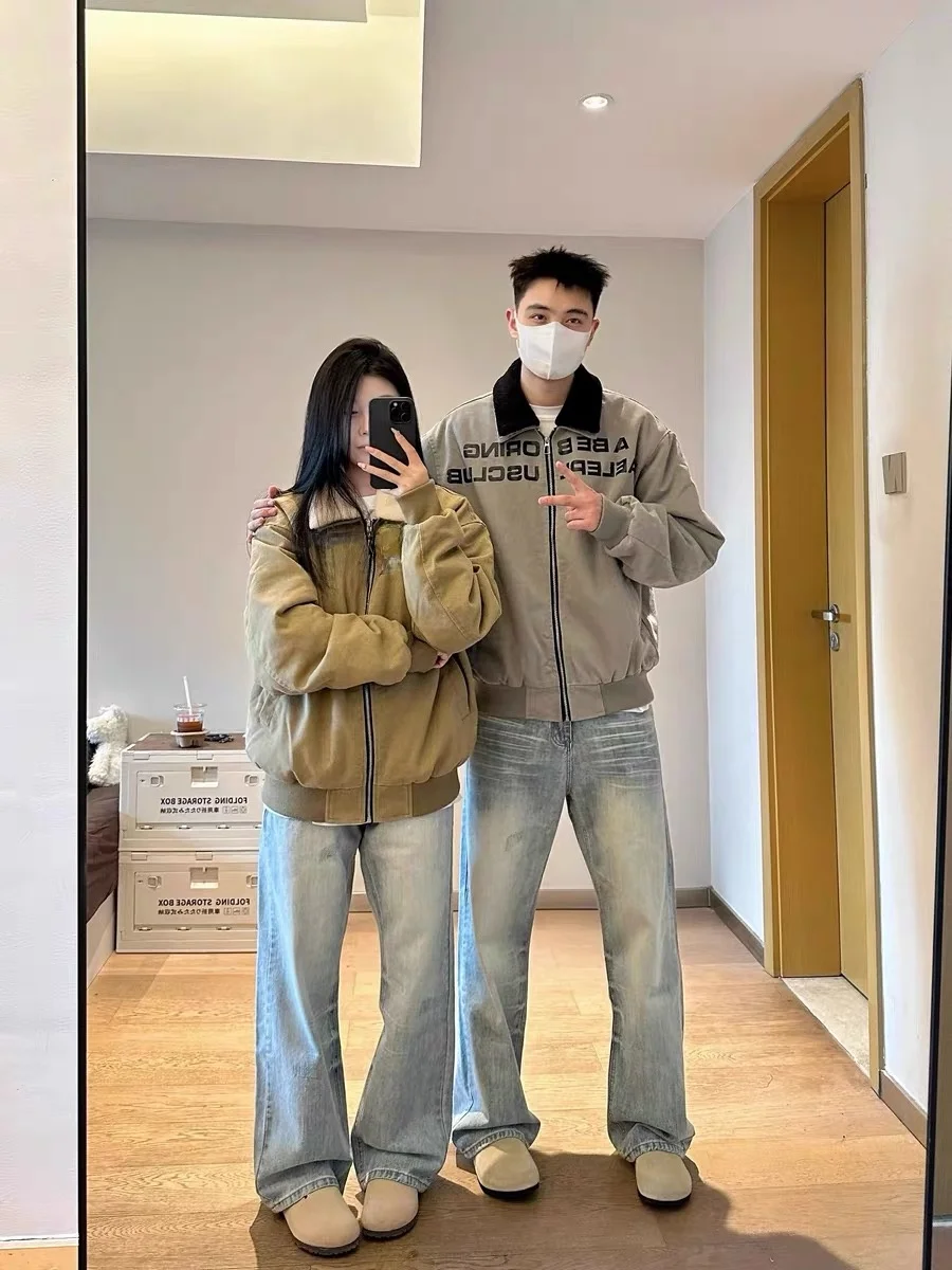 

American Retro Letter Lamb Velvet Patchwork Collar Cotton Jaet Winter Thi Warm Casual Versatile Jaet for Couples