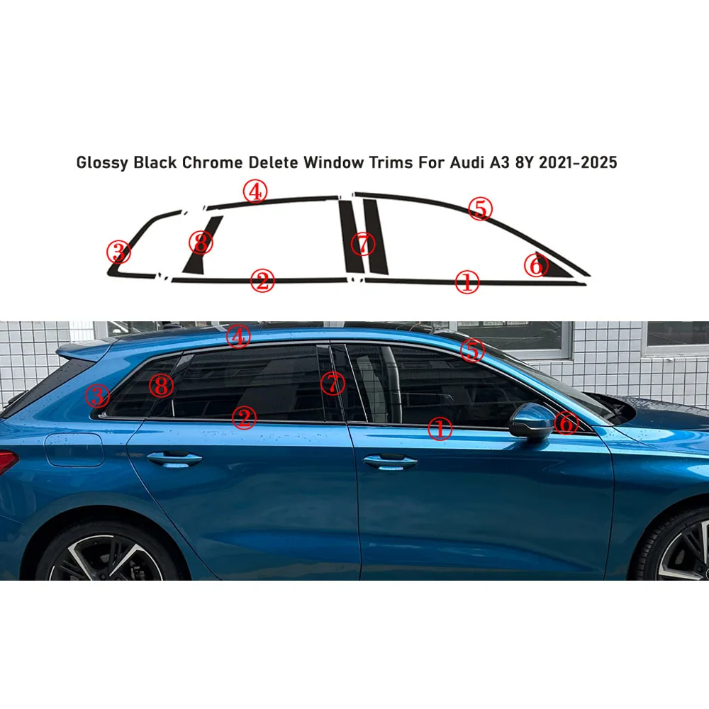 Glossy Black PVC Car Window Decorative Strip Sticker For Audi A3 8Y 2021-2025 hatchback Exterior Protection Accessory