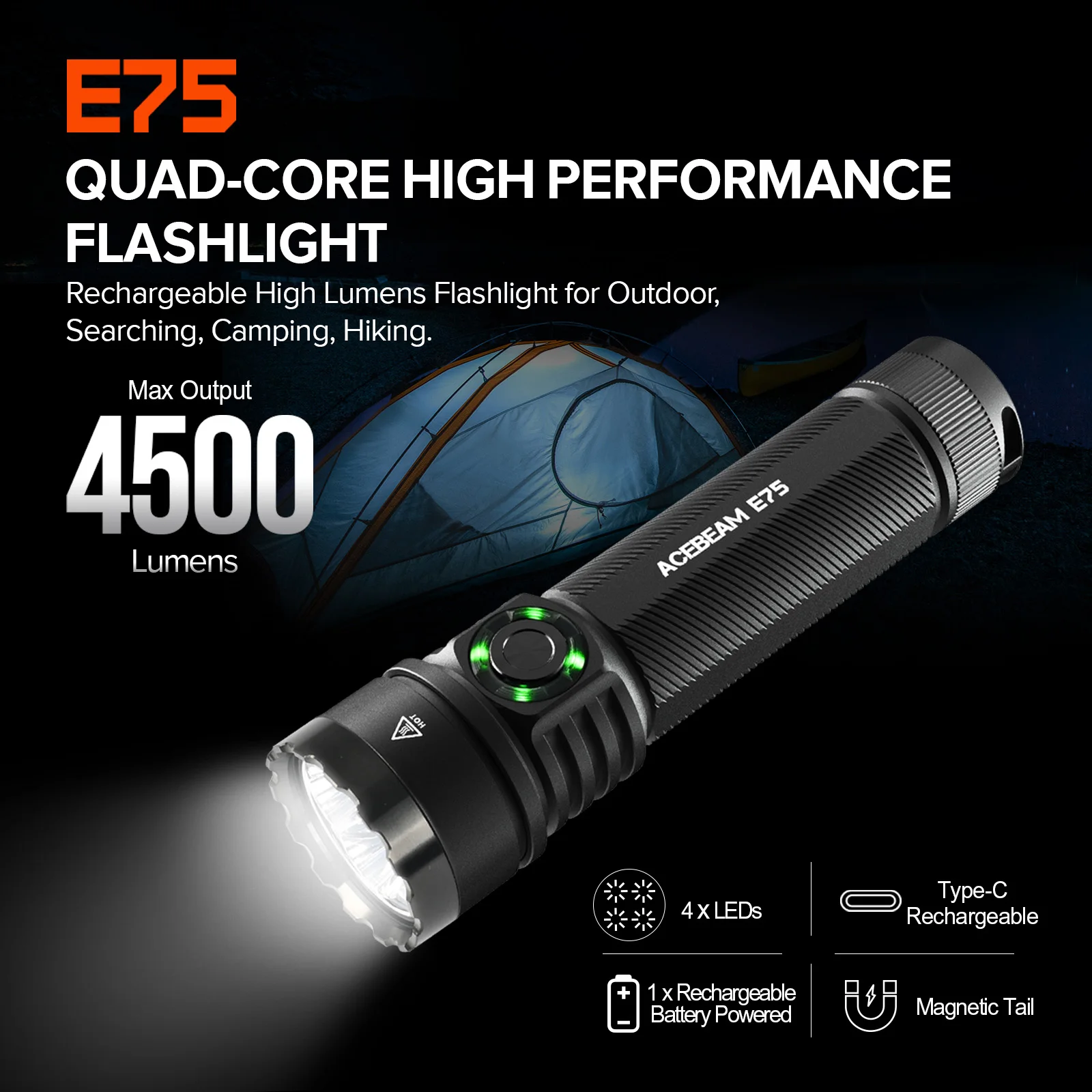 ACEBEAM E75 Quad-Core LED Flashlight USB C Rechargeable Torch With 21700 Battery 4500LM 260M Flashlights Powerful Defense Strobe