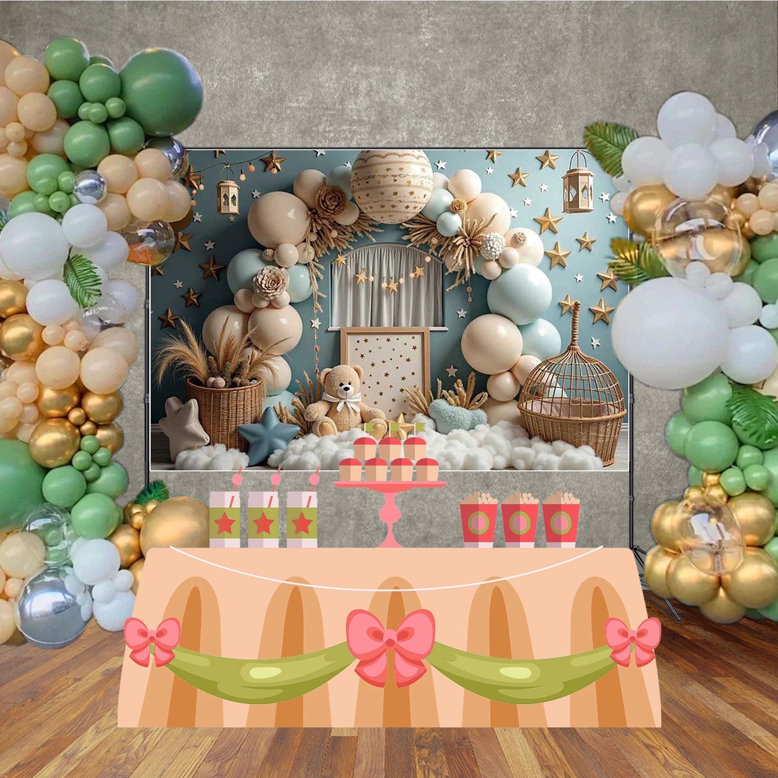 MOON.QG Baby Newborn Birthday Items Background Photography Teddy Bear Arch Balloon Star Photocall Backdrop Children Studio Sets