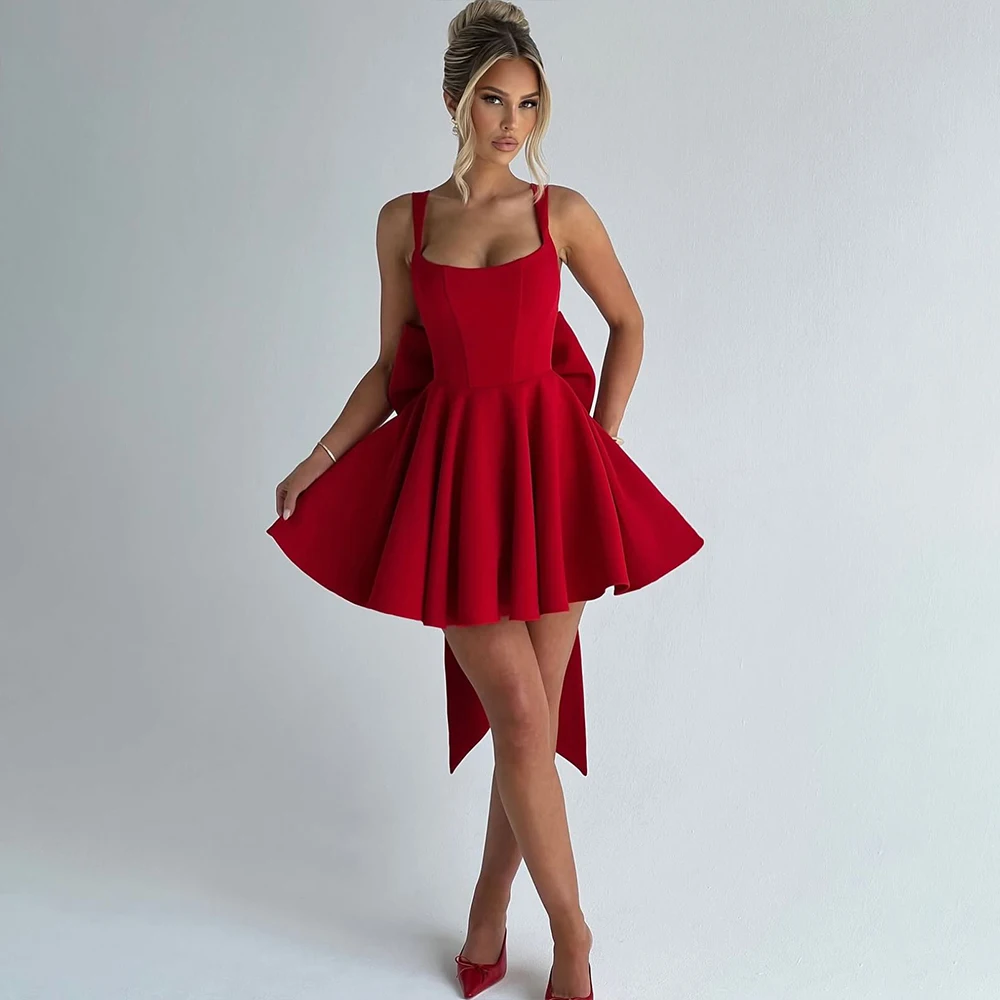 

Elegant Mini Evening Dresses Halter Sleeveless Red Homecoming Dress Big Bow Birthday Party Gown Customized فساتين سهرة