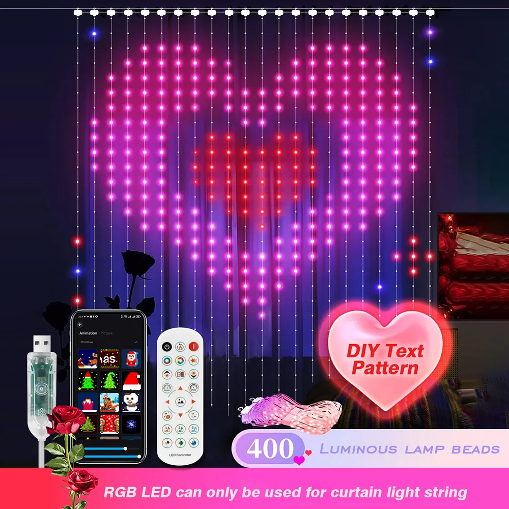 400 LED 스마트 커튼 조명 RGB 페어리 라이트 스트링 블루투스 앱 제어 DIY 음악 변경 휴일 방 창문 장식