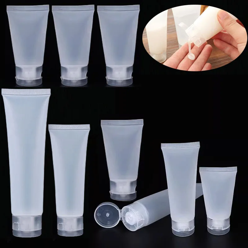100 pçs vazio translúcido plástico loção cosmética tubos macios shampoo limpador facial garrafas recipientes de amostra de maquiagem com tampas flip