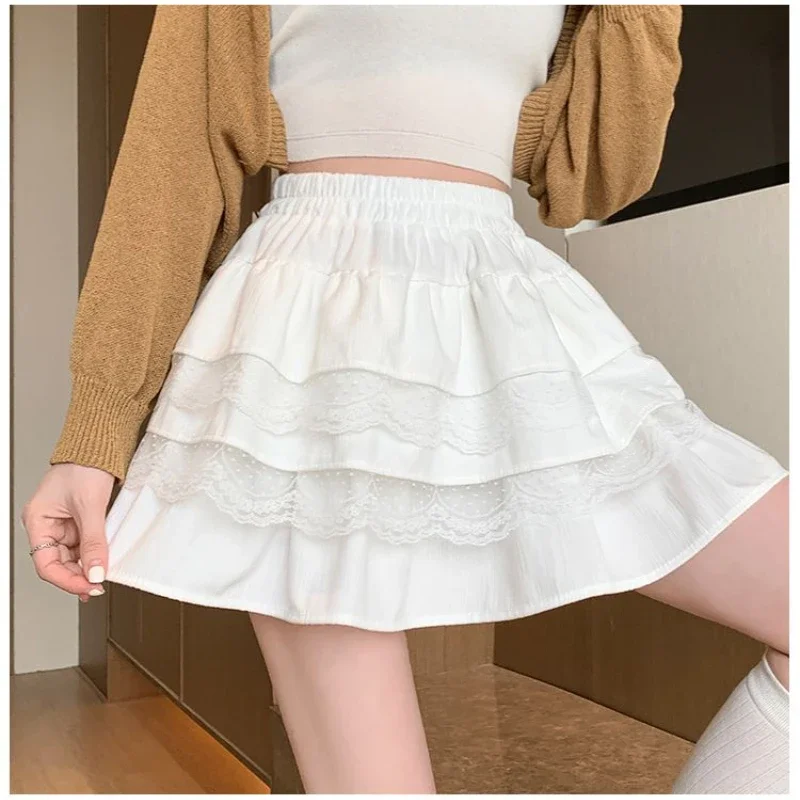 Ruche Kanten Vrouwen Mini Rok Fairycore Lolita Kawaii Korte Rokjes Zoete Coquette Patchwork Japanse Stijl Gelaagde Rok