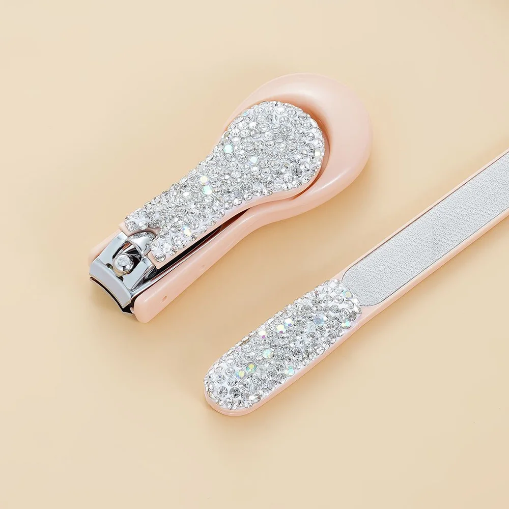 Bling Rhinestone Stainless Steel Nail Clippers 2 Pcs Set Manicure Set Fingernail Toenail Cutter Splash-proof Nail Scissor Tool