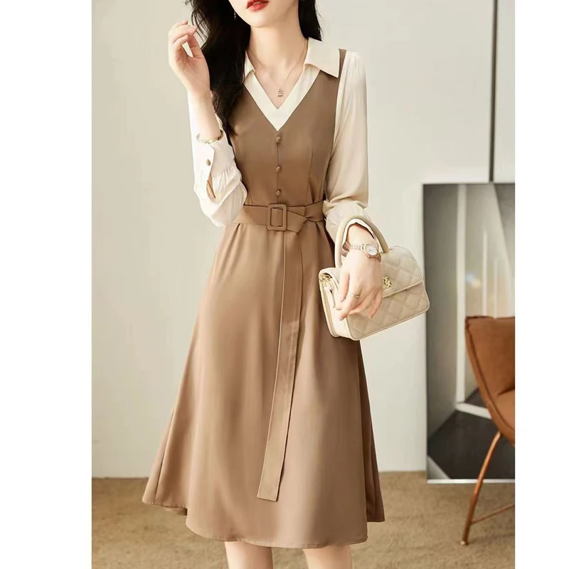 Spring Autumn New Contrast Color Fashion Long Sleeve Midi Dress Women High Street Button Lacing Patchwork Fake Two Pieces Dresse