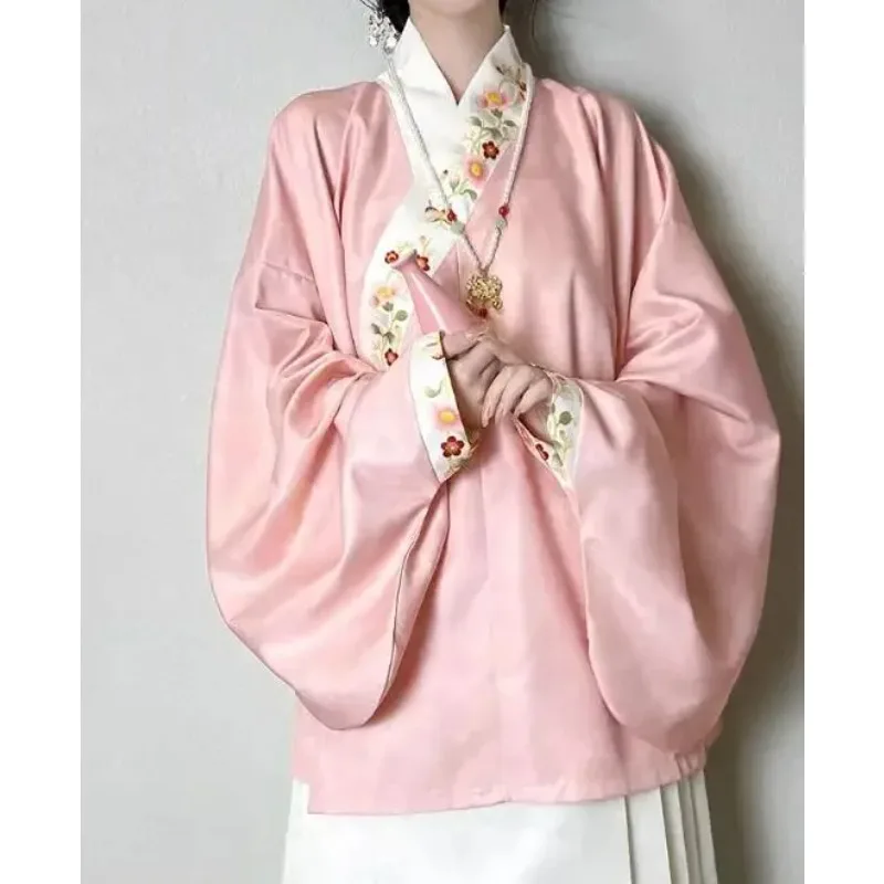 

Chinese Hanfu Women Spring Tops Vintage Pink Big Sleeve