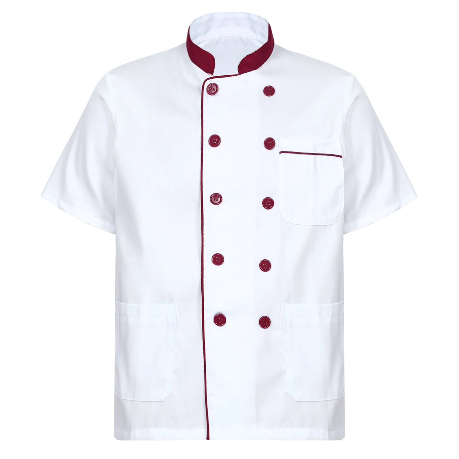 Mens Trim Chef Jacket Restaurant Hotel Bakery Caterers Tops Stand Collar Short Sleeve Double-Breasted Cooks Uniform with Pocket