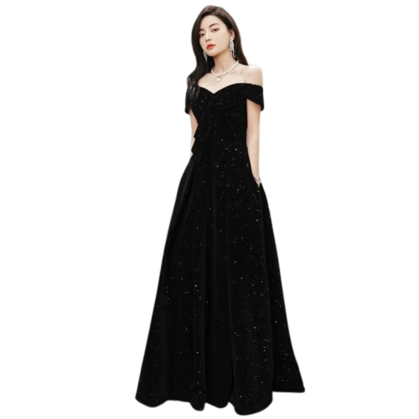 

One-word Shoulder Black Host Youth Graduation Evening Dress Banquet Temperament Starry Sky Velvet Spring Long Glamorous Dresses