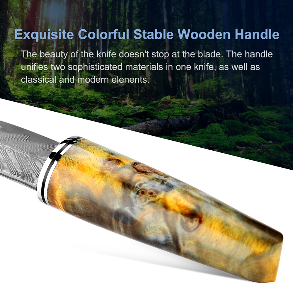 Damascus straight knife Portability Sharp Damascus Steel Paring Knives Outdoor Survival Camping Knife with Leather Sheath