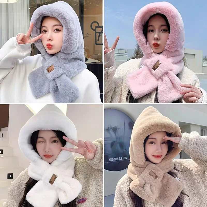 Winter Hand-woven Scarf Velvet Hat Scarf Thicken Hooded Women Plush Neck Warm Russia Outdoor Ski Windproof Hat Fluffy Beanies