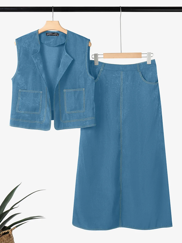 ZANZEA Elegant Denim Dress Sets Women Pockets Sleeveless Vests and Long Skirts Fashion Summer Casual Loose Solid 2 Piece Sets image 4