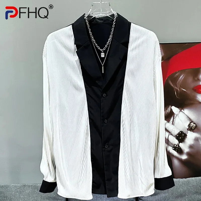 

PFHQ Summer Korean Popular Pleated Fashion Versatile Men's Shirt Trend Design Contrast Color Casual Male Tops Fashion 21Z5161