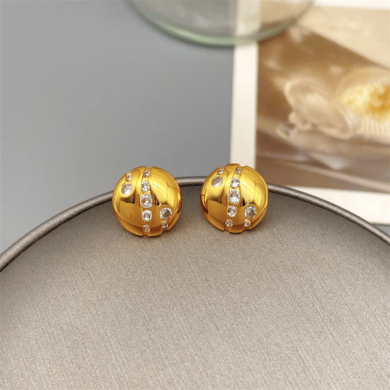 European And American Retro Ins Style Hemisphere Shape Inlaid Zircon Earrings For Women Simple Fashion Earrings Plating 18k Gold