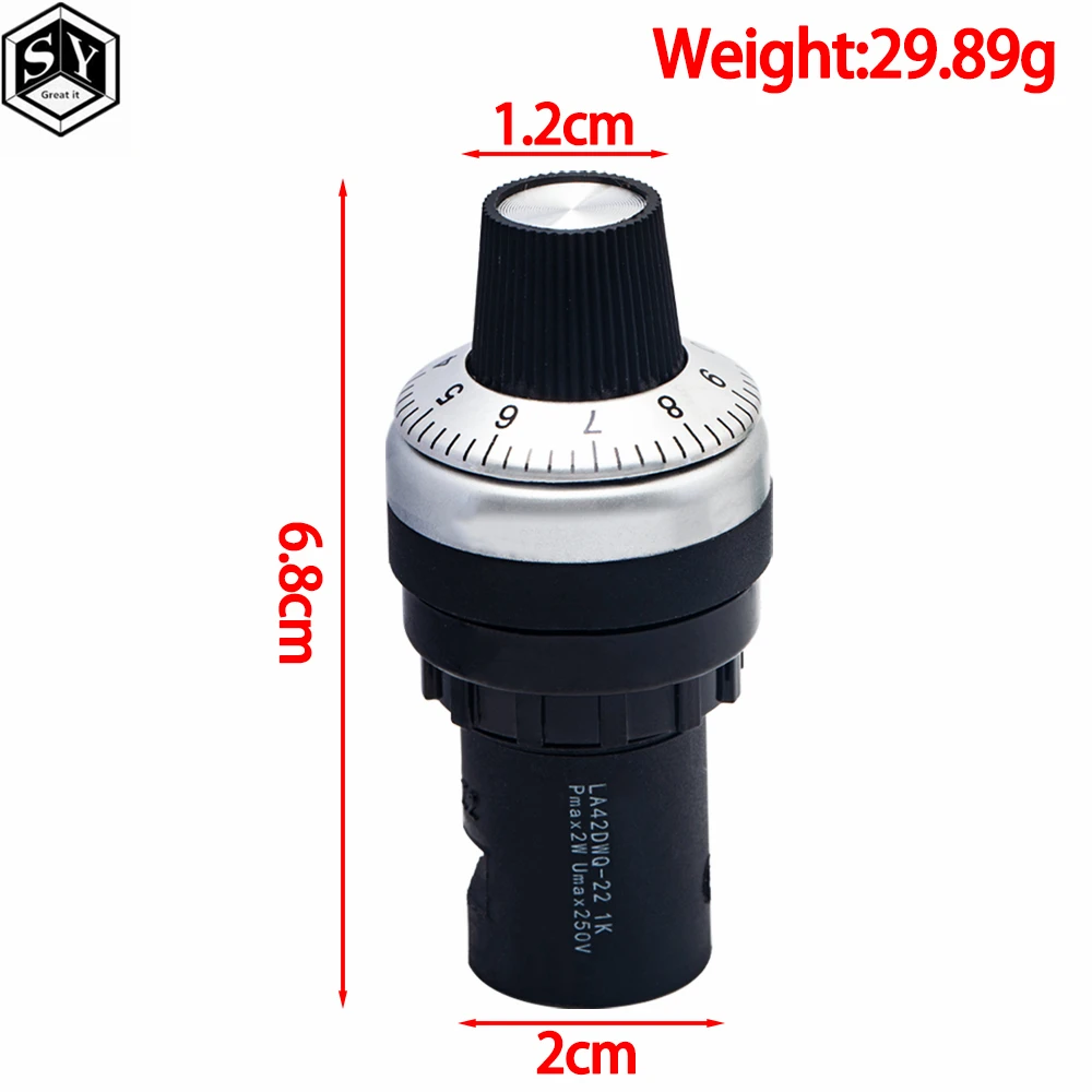 LA42DWQ-22-Pro 1K 2K 5K 10K 20K 50K 100k 200k 500K 22mm Durchmesser Töpfe Drehpotentiometer Widerstandsschalter für Arduino