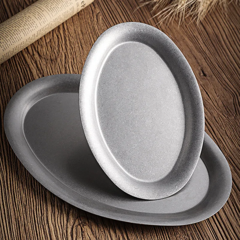 1 Pcs Japanese Vintage Oval  304 Stainless Steel Restaurant Plate Dessert Tray Kitchen Tableware