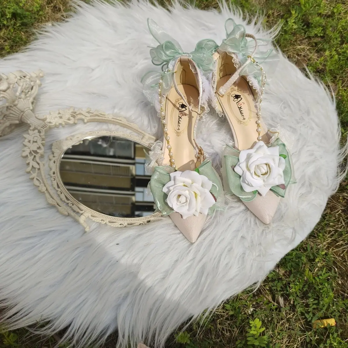 Wedding Shoes Women's Lolita Hand-Made High Heels Pointed Green Bow Flower