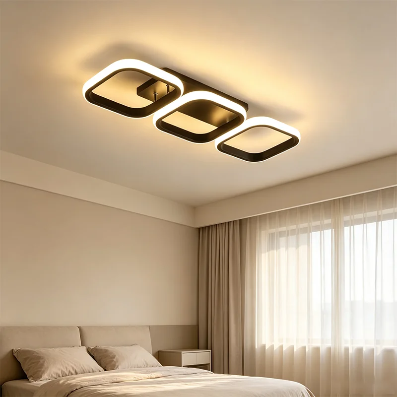 Modern 3 Squares LED Ceiling Light Black Frame Minimalist Flush Mount Lamp for Bedroom Hallway