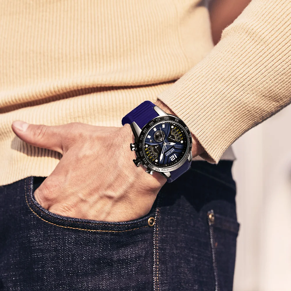 MEGIR Blue Chronograph Luxury Quartz Men's Sports Wrist Watch 30m Waterproof Calendar Casual Watches Silicone Relogio Masculino
