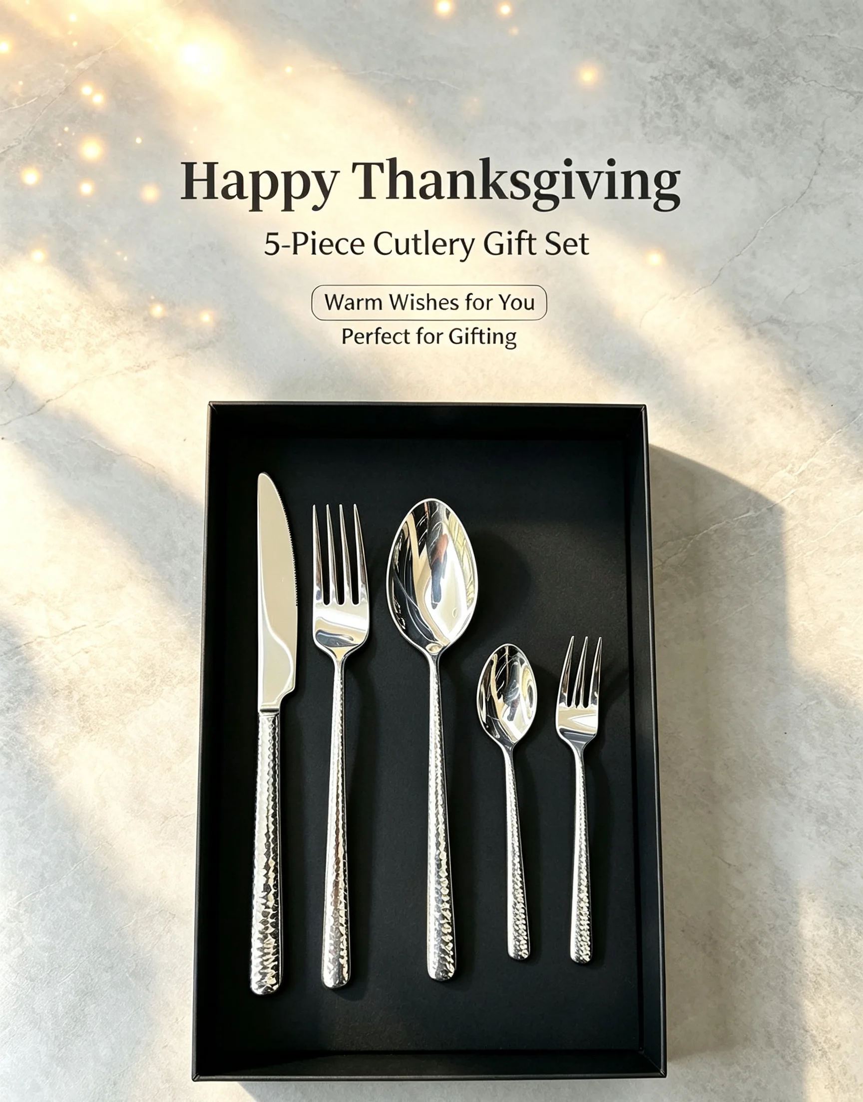 Premium 420/304 Stainless Steel Flatware,Thin Hammer‑Textured Handle,5‑Piece Cutlery Set,Thanksgiving Gifting Gift Box