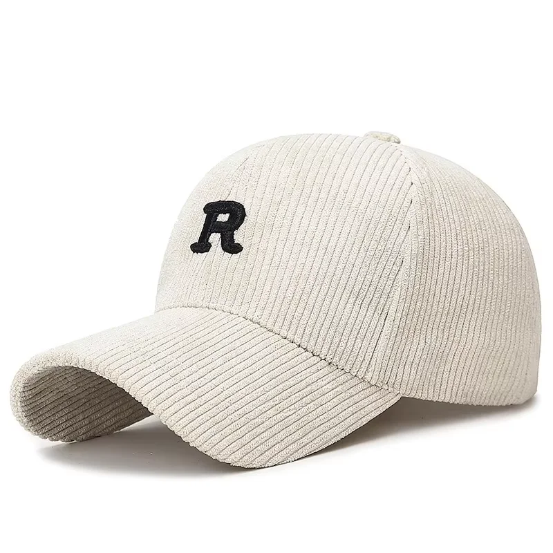 Boné de Beisebol em Corduroy com Letra 'R' Bordada em 3D, Cor Sólida, Ajustável, Acessório Estiloso para Outono e Inverno