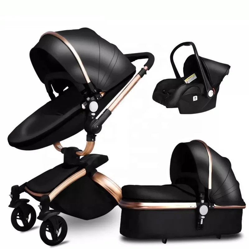 Luxury 3-in-1 Folding Baby Stroller Bi-Directional High Landscape Pram Fast Shipping Portable PU Direct Factory Supply China