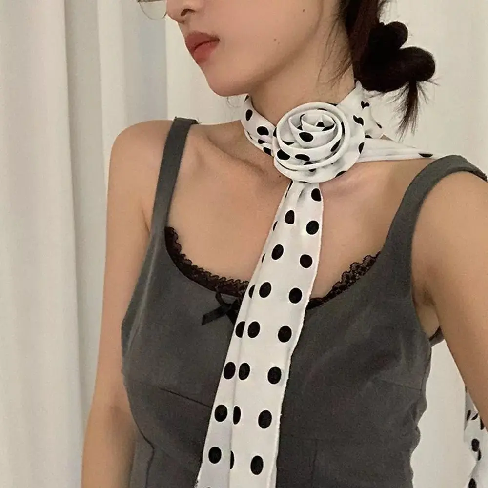 Elegant Rose Flower Long Satin Scarf Soft Pure Color Chiffon Neckerchief Collar Decoration Kerchief Chiffon Scarves