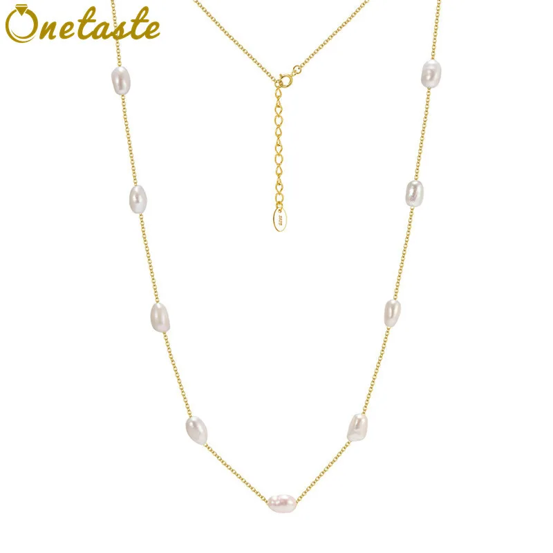 925 Sterling Silver Natural Freshwater Pearl Station Necklace For Women Elegant Classic Bead Spaced Chain Necklace Adjustable