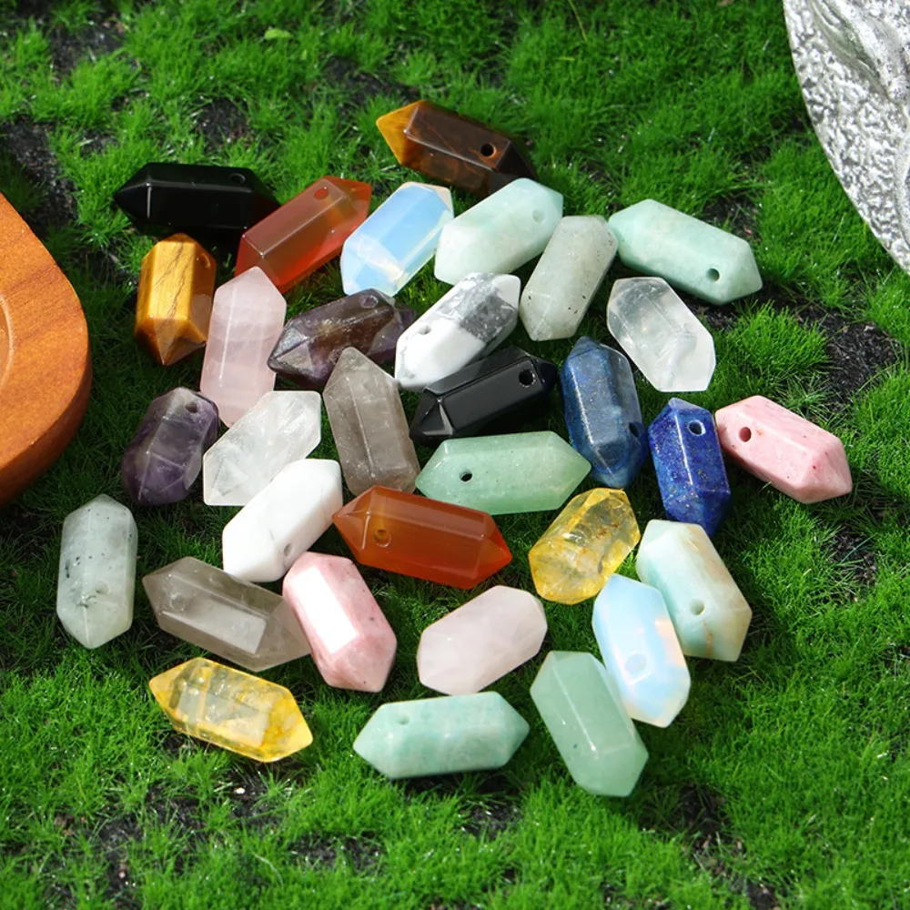10pcs Top Drilled Natural Hexagon Stone Pendant Amethyst Tiger Eye Quartzs Healing Charm Bead for Jewelry Making DIY Accessories