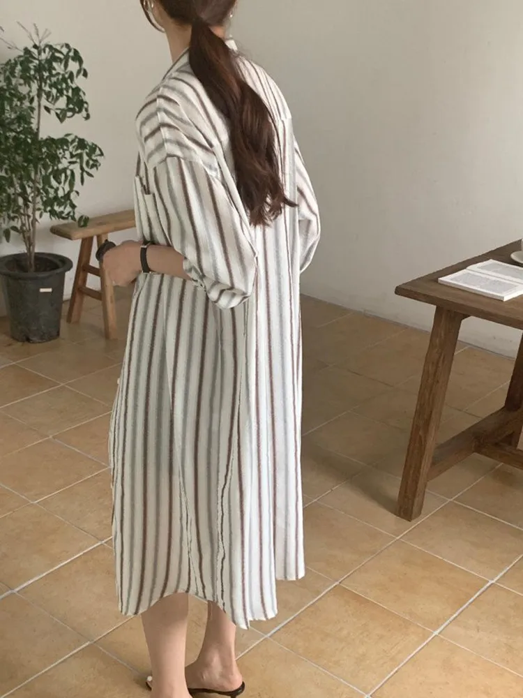 Spring Summer striped shirt dress Women Elegant Vintage Lapel Loose Commuter Ladies Dresses Streetwear Long Formal Dresses Robe