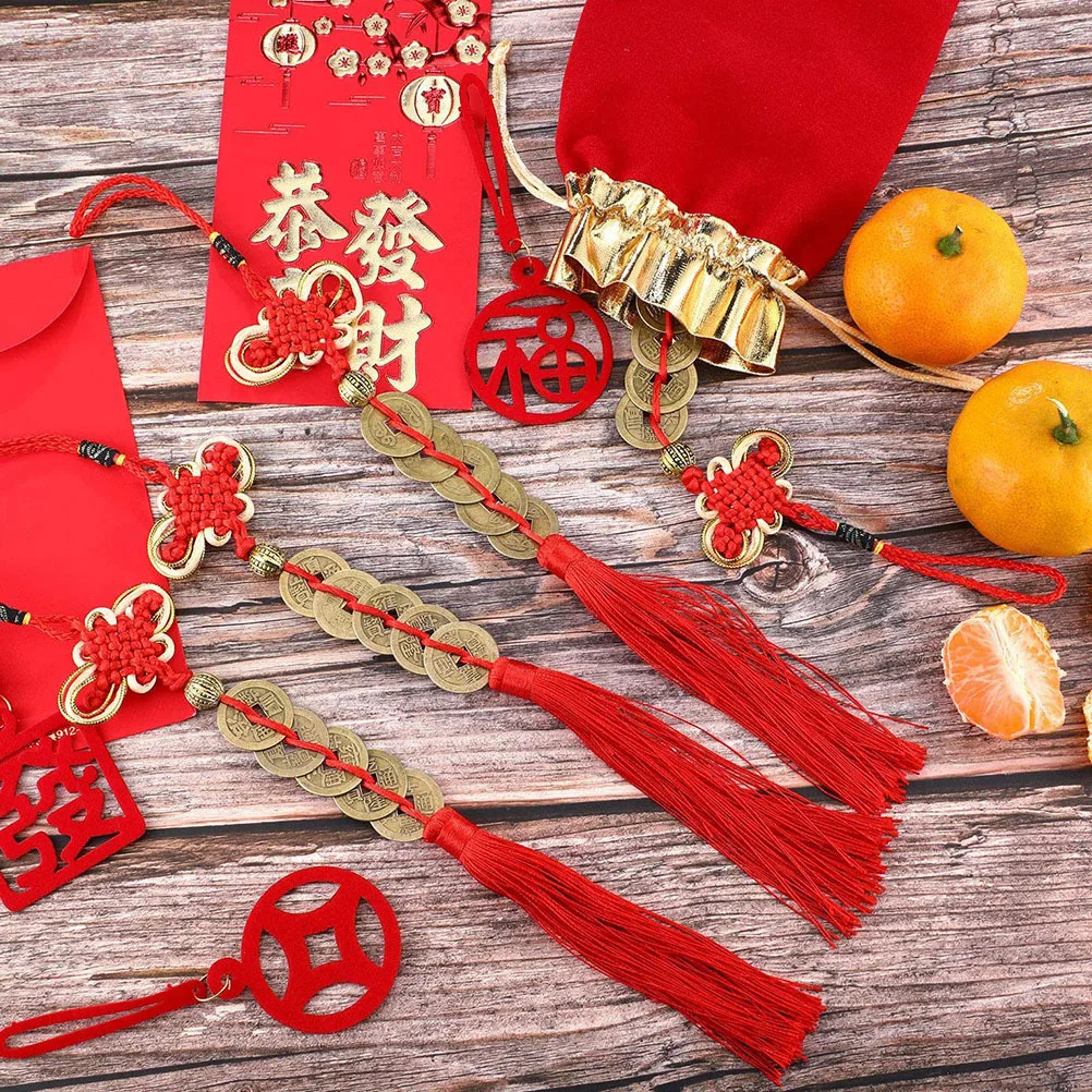 

6Pcs Chinese Knot Red Tassel Five Emperor Coins Feng Shui Pendant Festival Fortune Hanging Decor Spring Festival Supplies Car